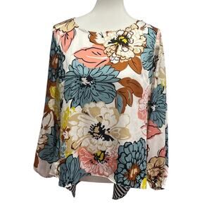 Coco Bianco Womens Medium Long Sleeve Flowy Floral Stripe Polyester Blouse Top